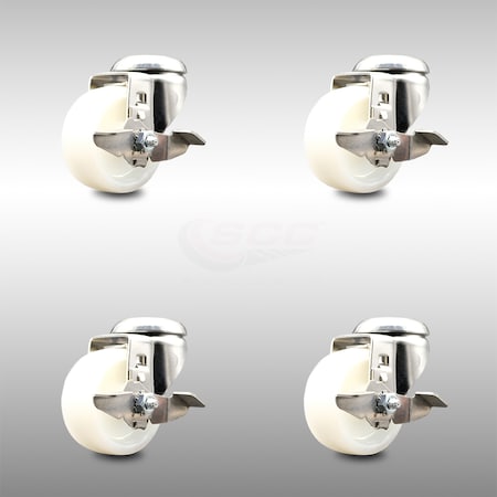 Service Caster 3 Inch 316SS Nylon Wheel Swivel Bolt Hole Caster Set with Brake SCC-SS316BH20S314-NYS-TLB-4